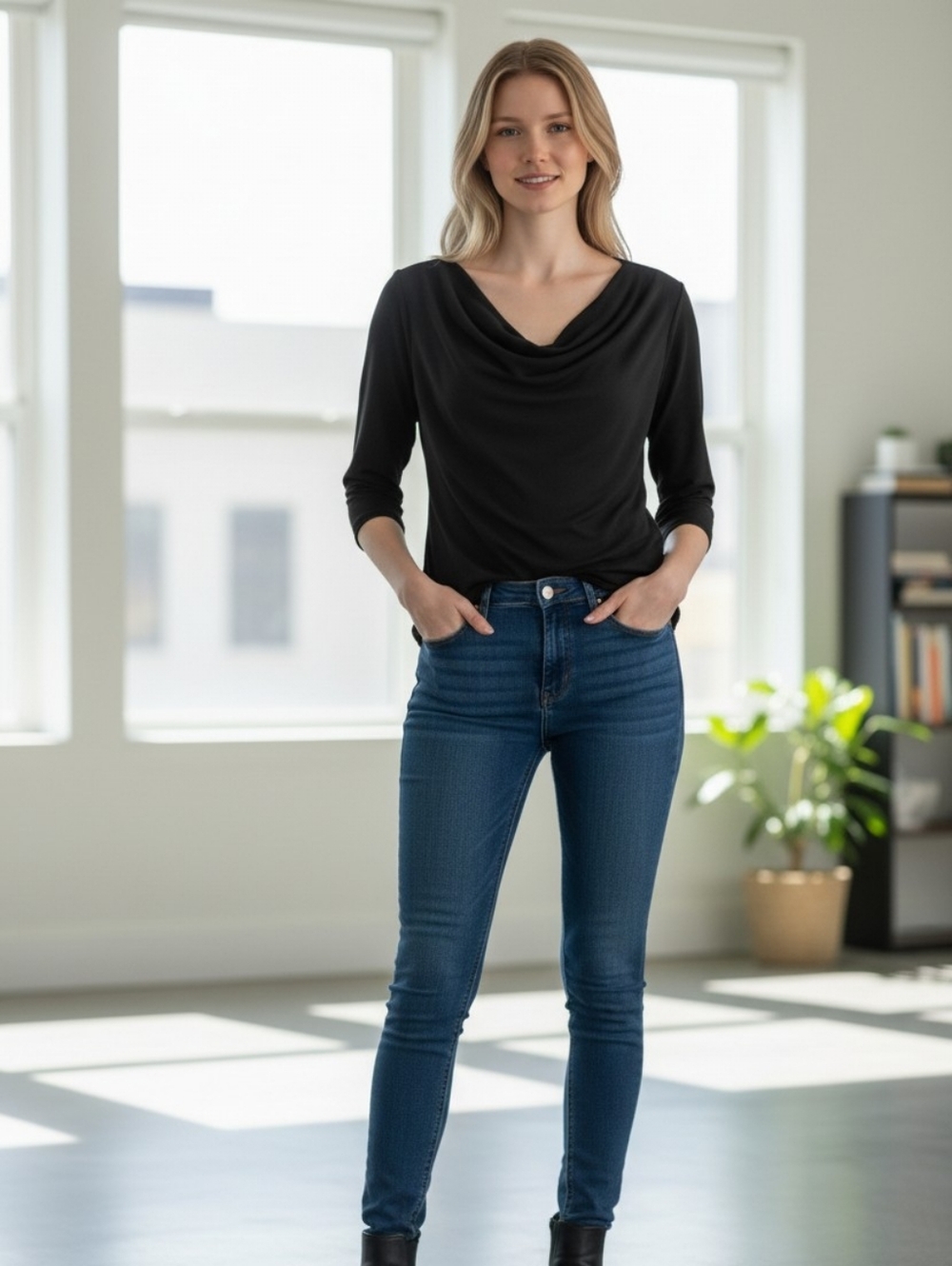 Charter Club Black Draped Neck 3/4 Sleeve Women's Top
